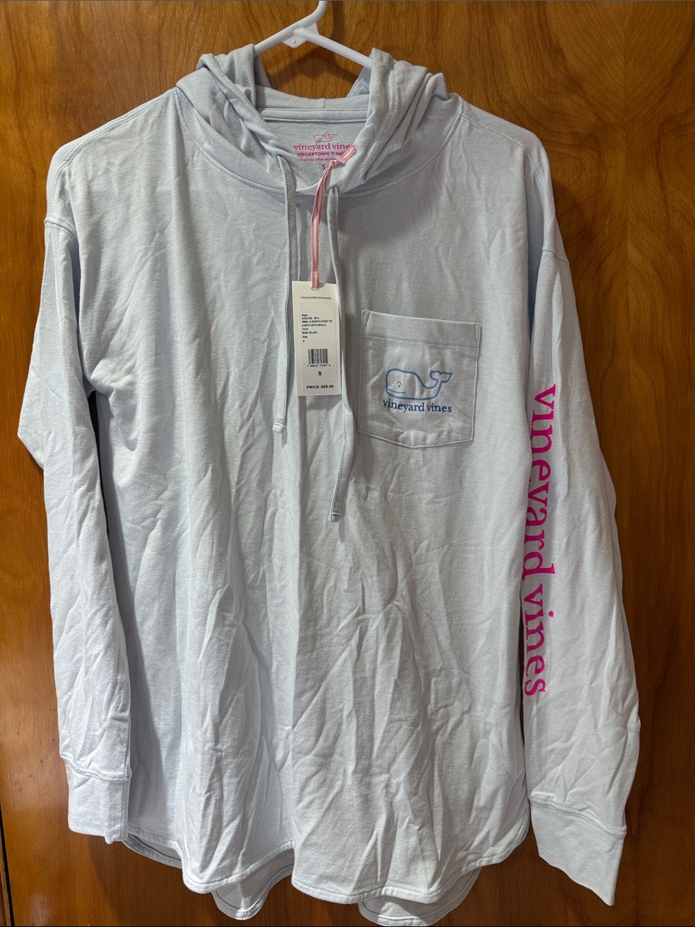NWT Vineyard Vines Light Blue Pullover Hoodie with Pink Sleeve Script